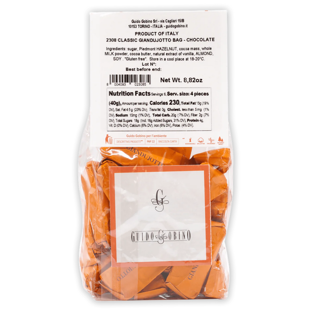 The back of Guido Gobino Classic Giandujotto Bag of truffles