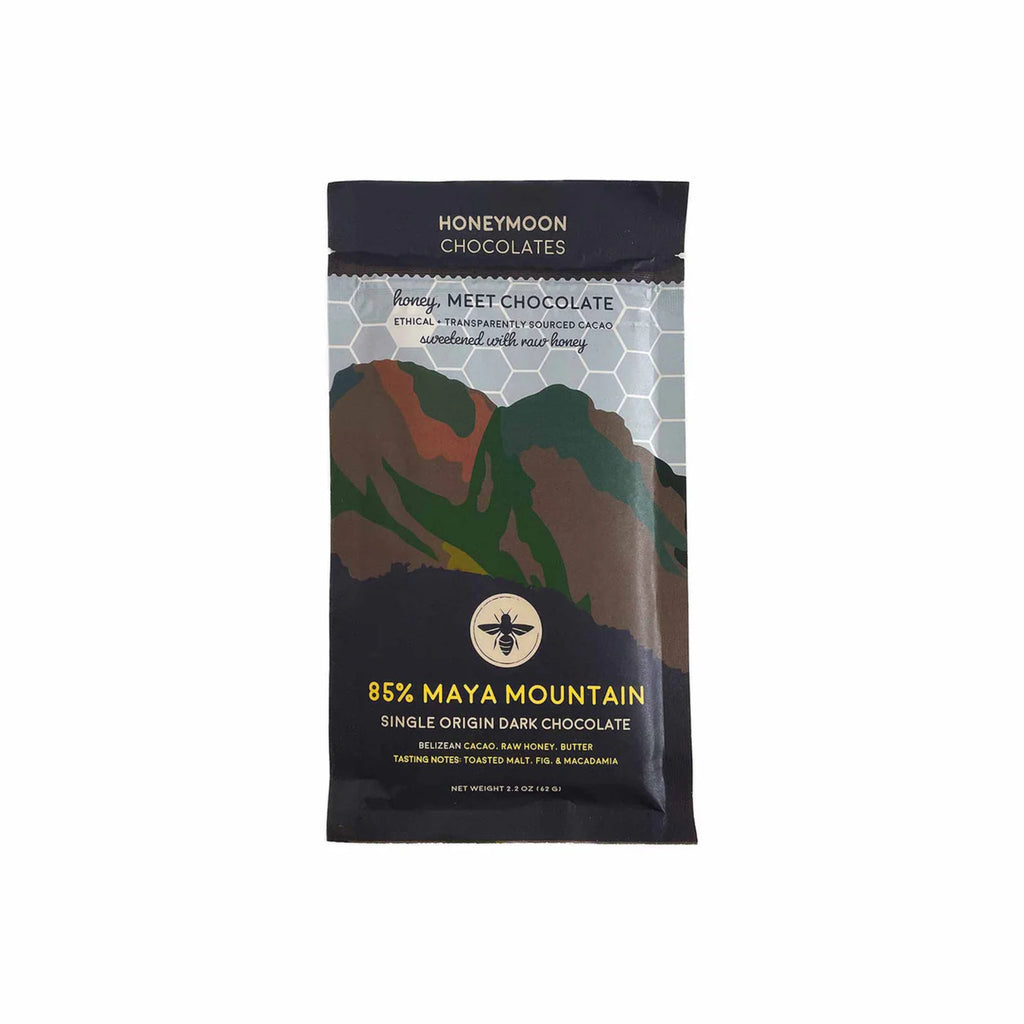 85% Maya Mountain Belize Dark Chocolate bar from Honeymoon Chocolates against a white background