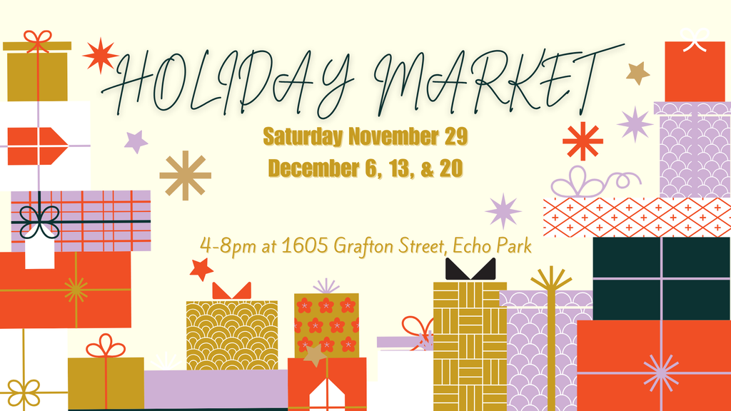 Holiday market flyer with colorful gift boxes and event details.