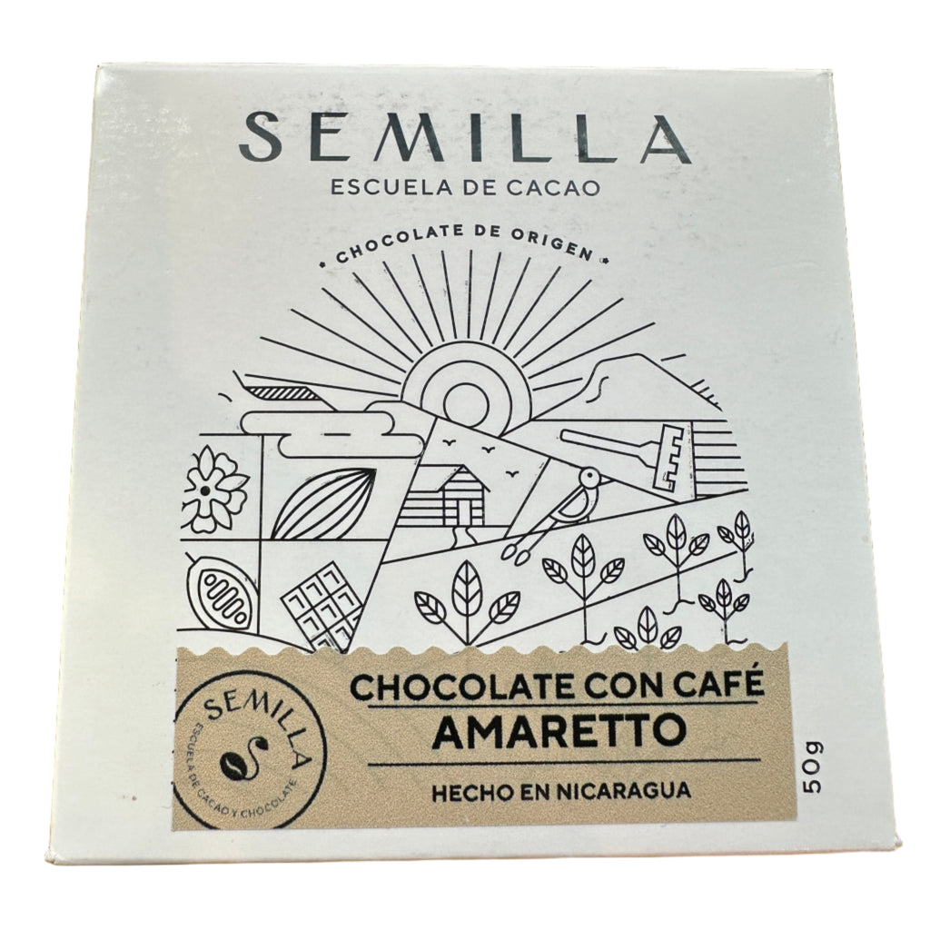 Semilla Chocolate con Cafe - Amaretto chocolate packaging on a white background