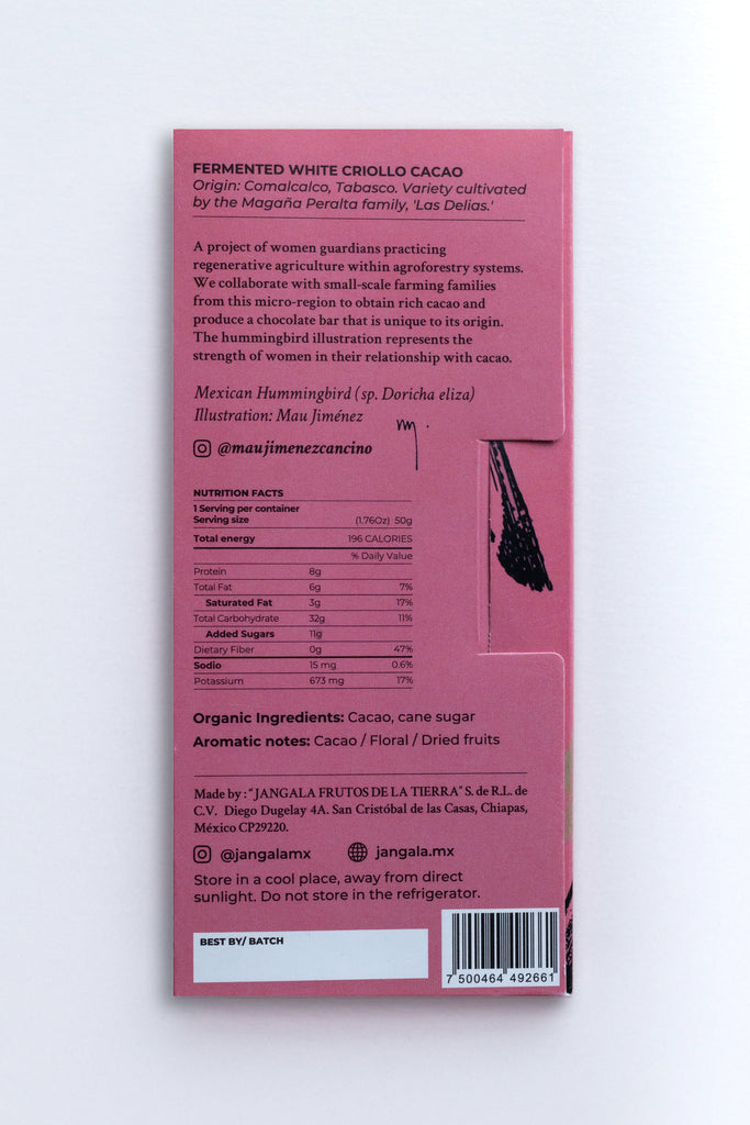 Nutrition facts and ingredients for Dalia "Women of Cacao" 77% Dark Chocolate bar from Jangala against a white background