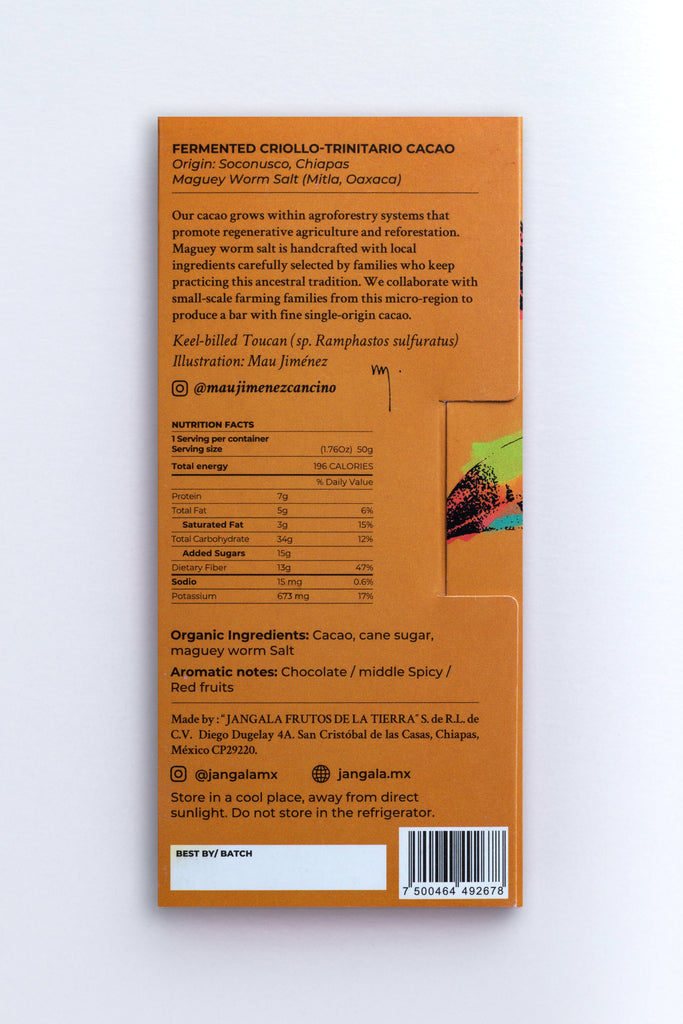Nutrition facts and ingredients for Worm Salt 70% Dark Chocolate against a white background