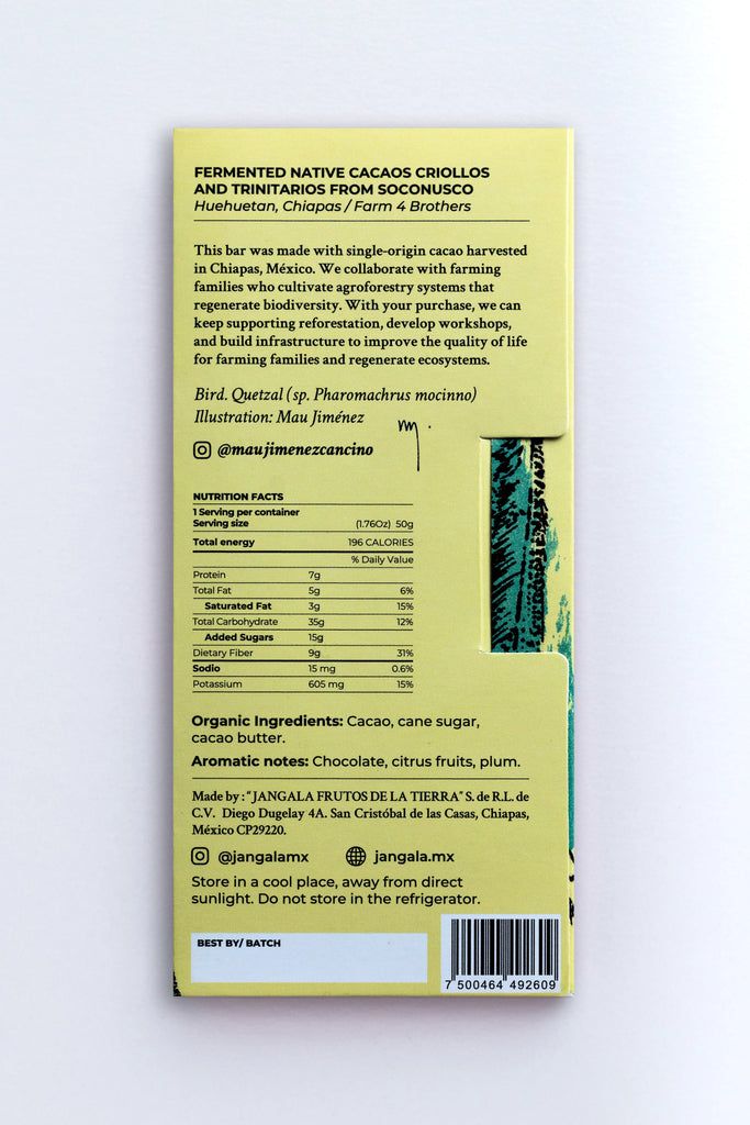 Nutrition facts and ingredients for Xoconusco 70% Dark bar from Jangala against a white background