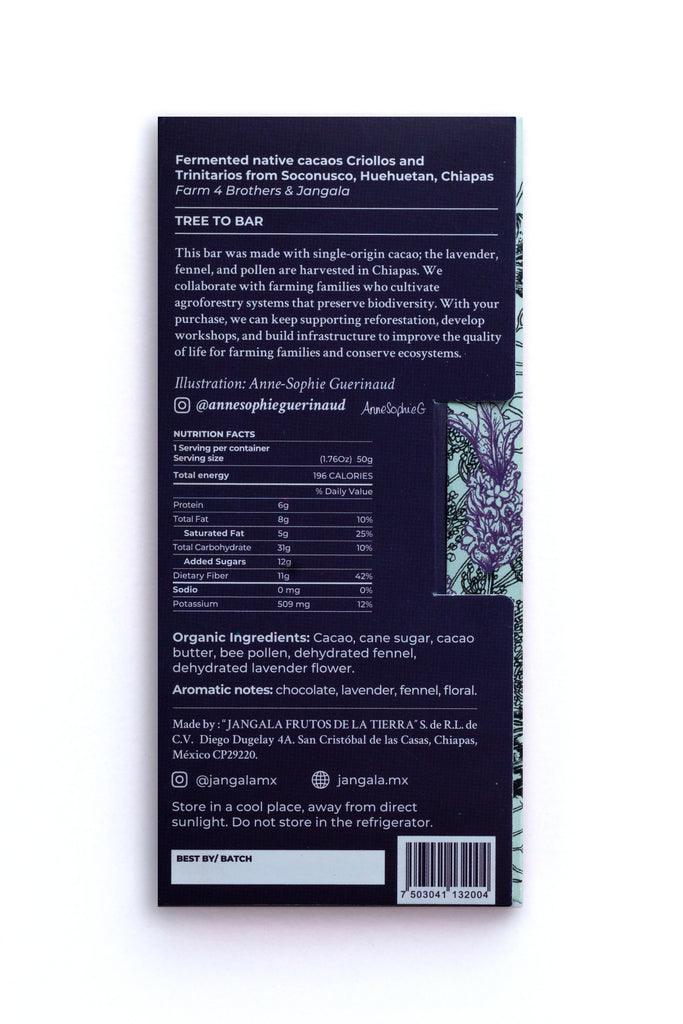 Nutrition facts and ingredients for 70% Lavender Dark Chocolate with Pollen & Fennel bar from Jangala against a white background