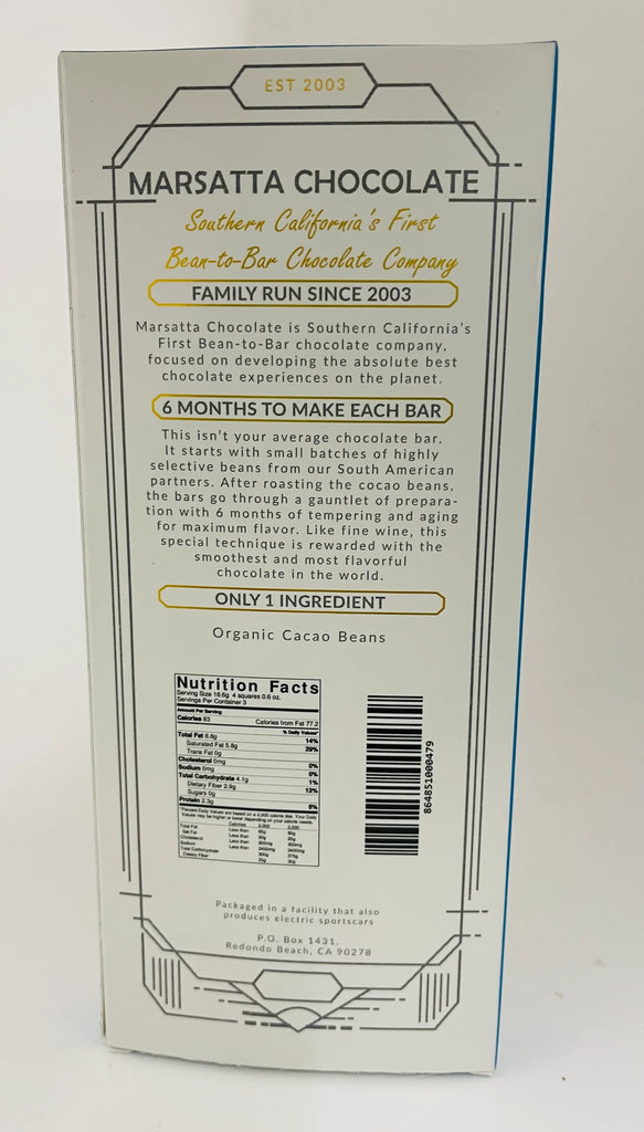 Nutrition facts and ingredients for Crystal Label 100% bar from Marsatta Chocolate against a white background