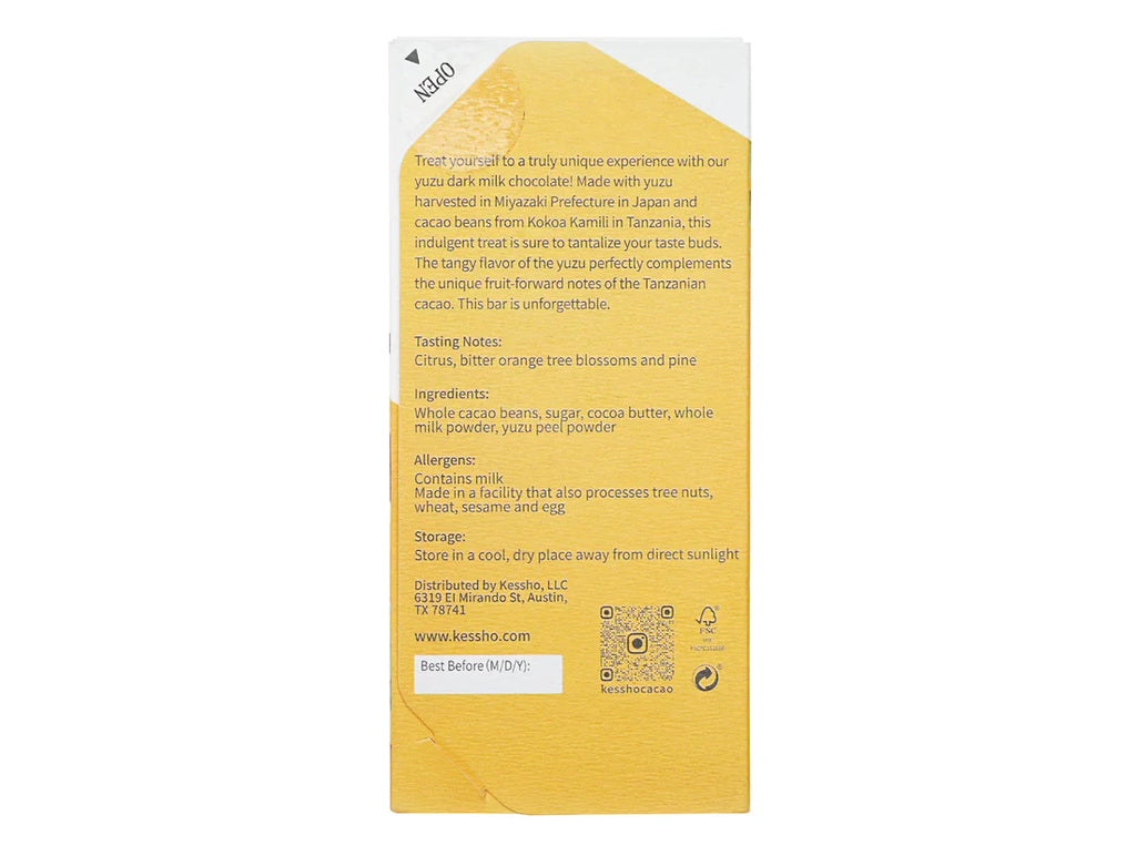 The back of a KESSHO wrapped Yuzu 56% Dark Milk back against a white background with nutritional information