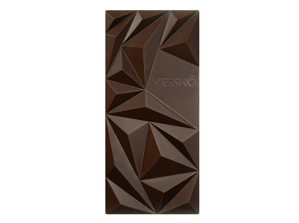 An unwrapped Salted Plum 59% Cacao bar against a white background