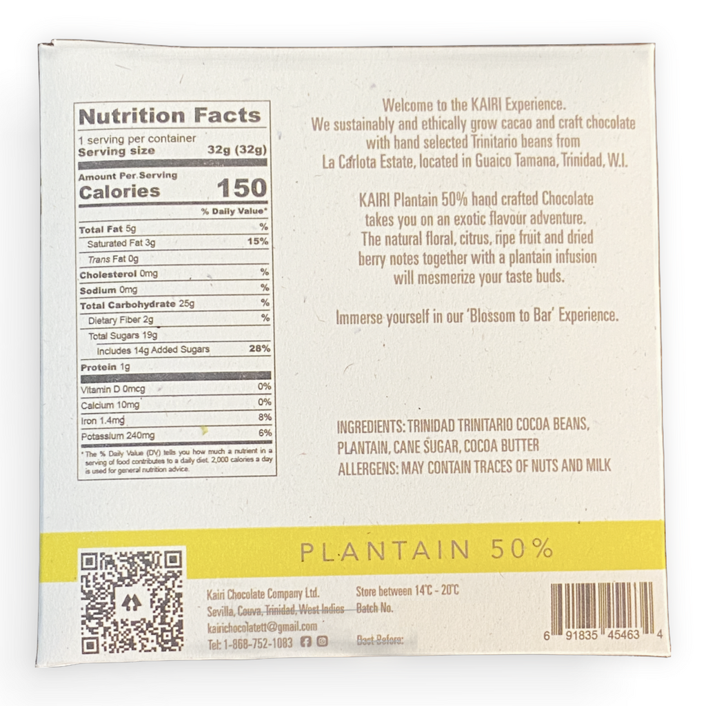 Nutrition facts and ingredients for Plantain 50% Dark (Vegan) bar from Kairi against a white background