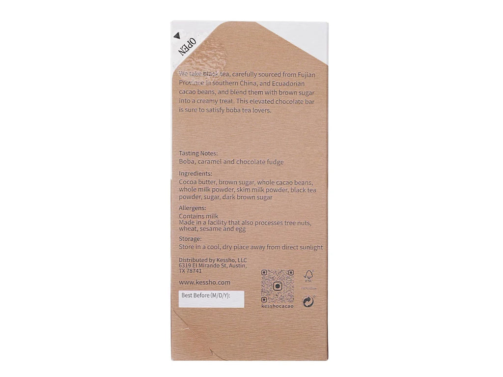 The back of a wrapped Boba Tea 44% Milk Chocolate bar against a white background