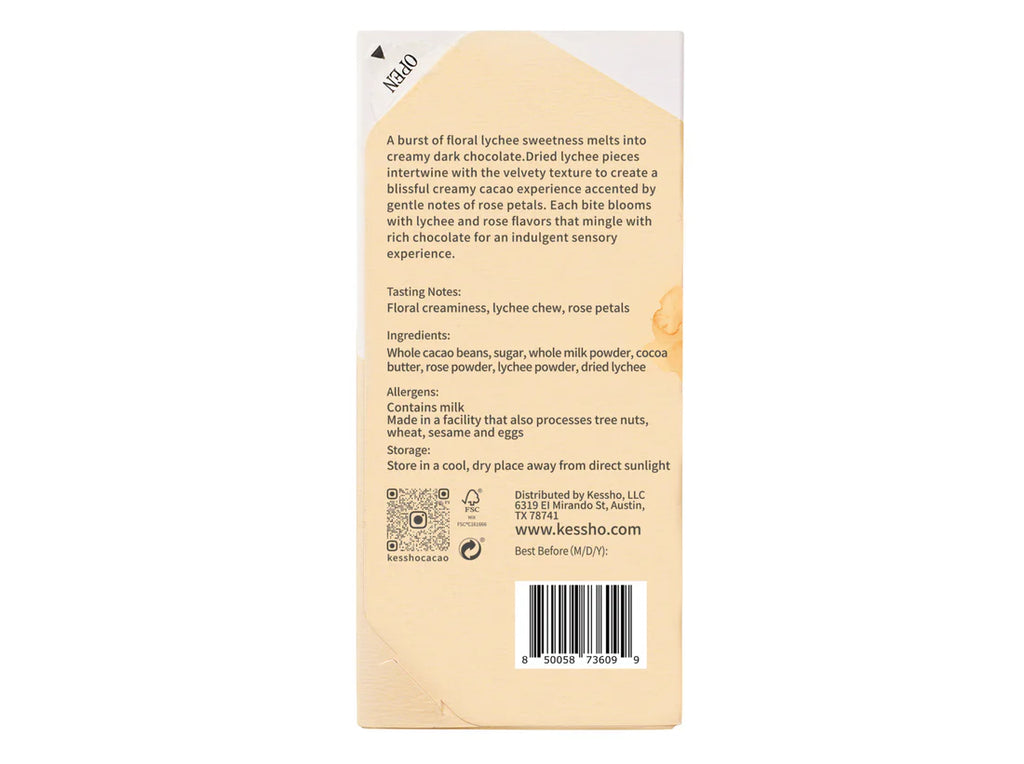 The Back of a KESSHO wrapped Lychee Rose 48% Dark Milk Cacao bar against a white background