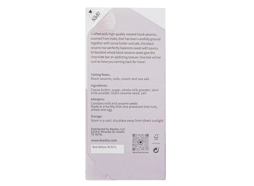 The back of a wrapped Black Sesame White Chocolate bar against a white background