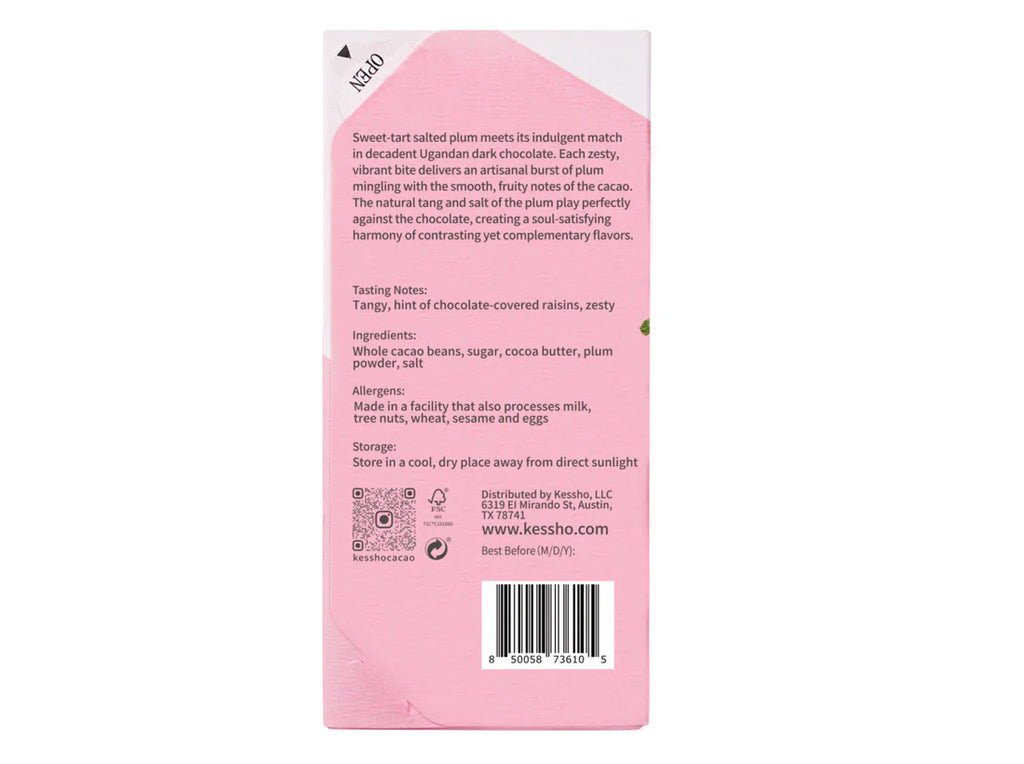 The back of a wrapped Salted Plum 59% Cacao bar against a white background