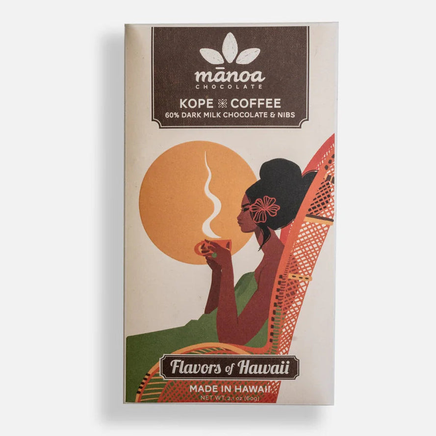 Manoa chocolate bar packaging with a woman in a hammock and coffee cup on a white background