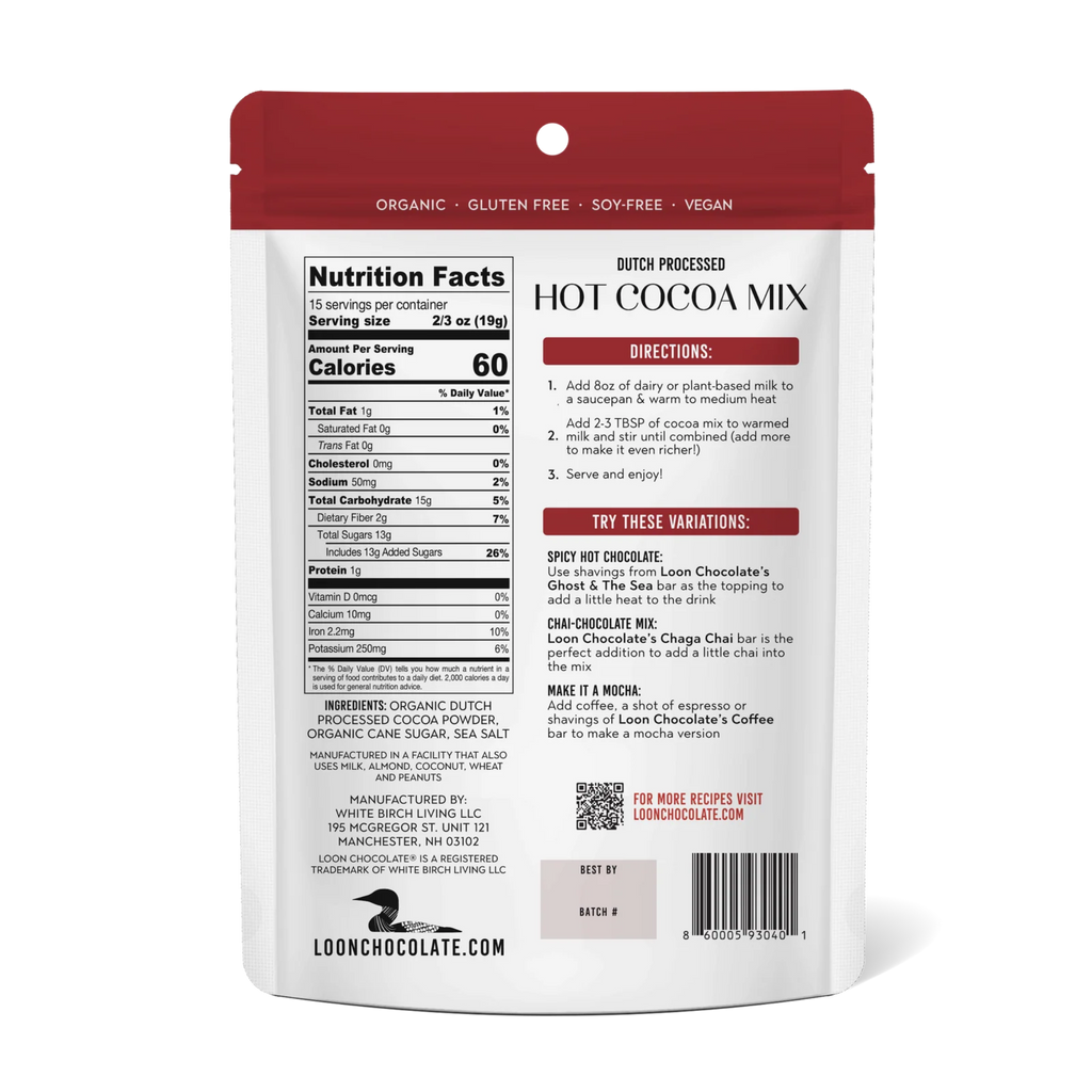 Nutrition facts and ingredients for Hot Chocolate Mix from Loon Chocolate