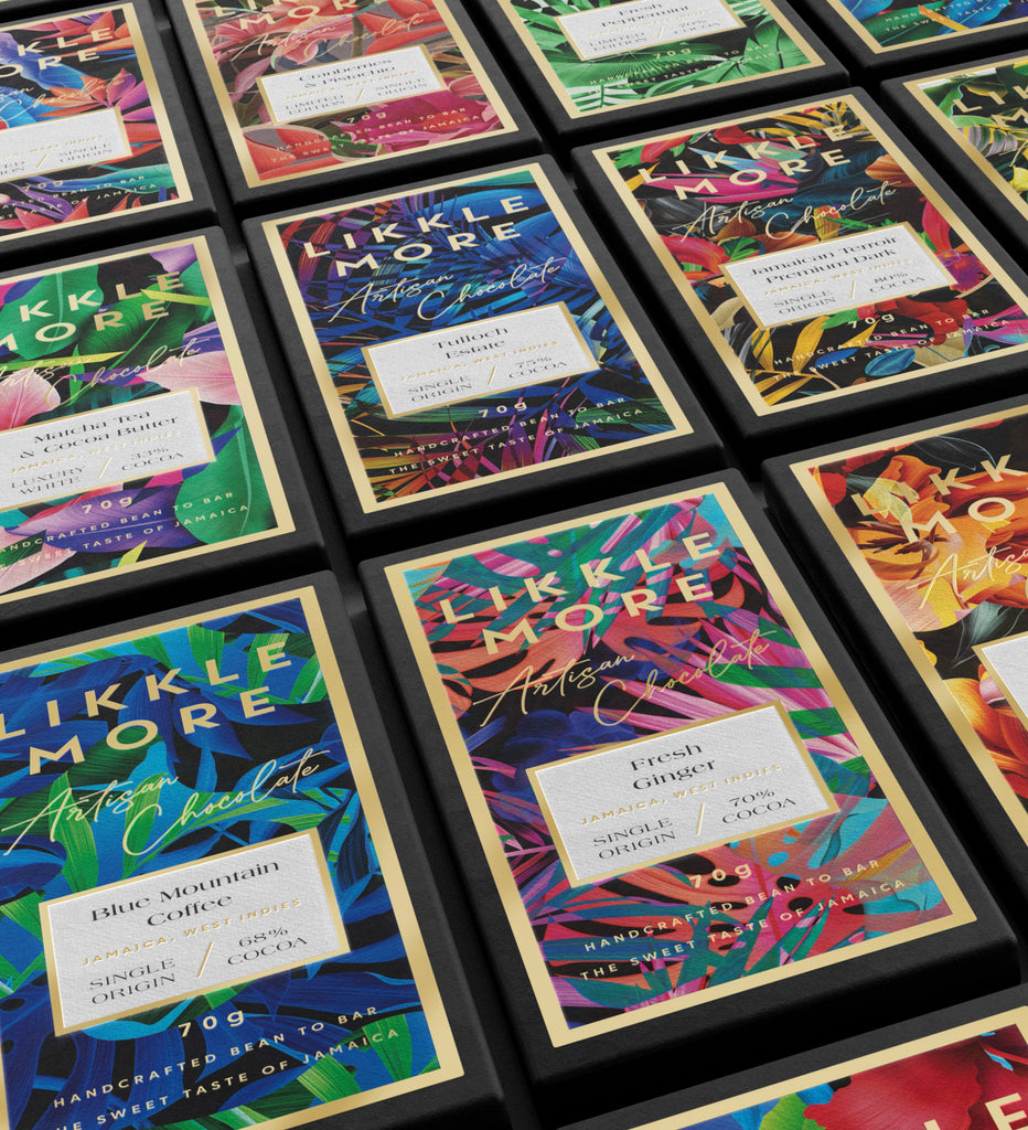 Multiple wrapped Likkle More chocolate bars