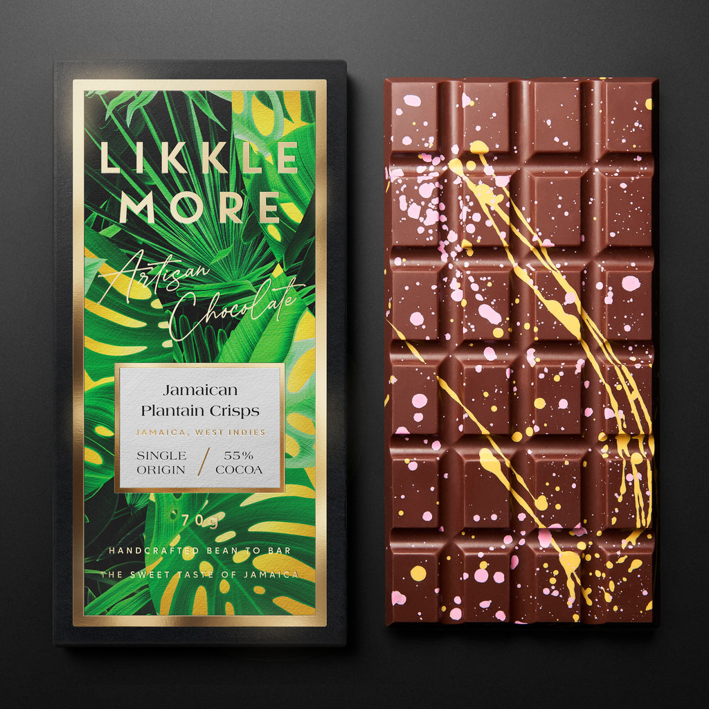 A wrapped Jamaican Dark Milk Bar with Plantain Crisps bar next to an unwrapped Jamaican Dark Milk Bar with Plantain Crisps bar against a grey background