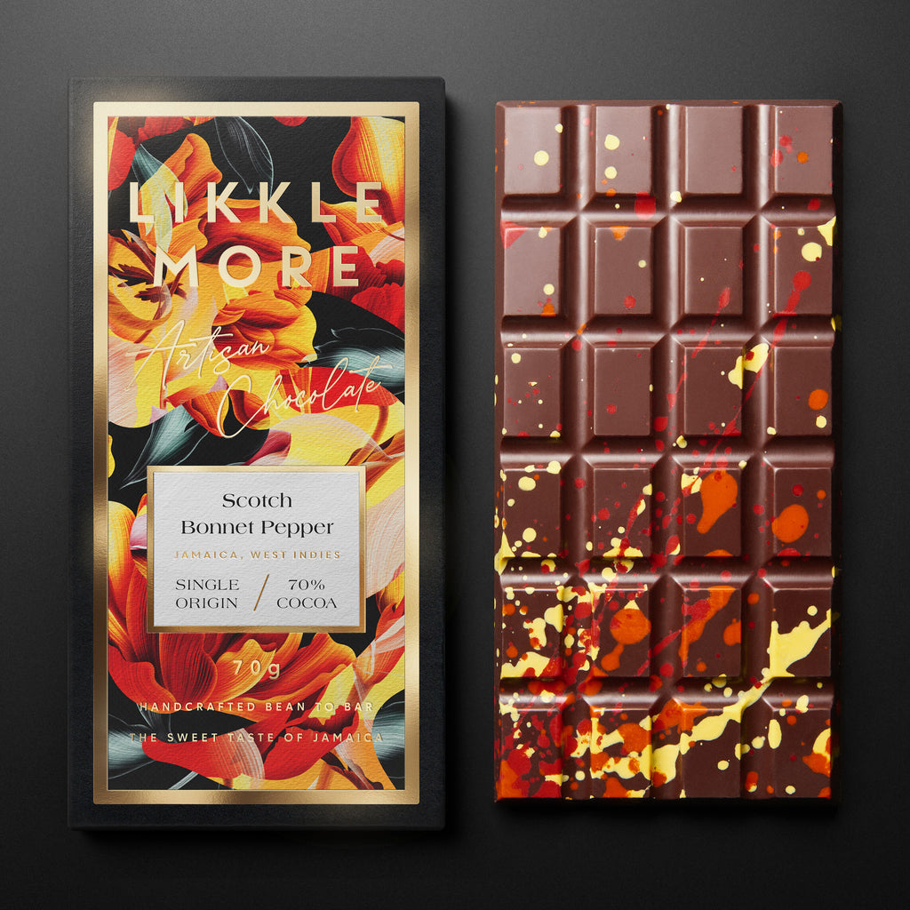 A wrapped Scotch Bonnet Pepper bar next to an unwrapped Scotch Bonnet Pepper bar against a grey background