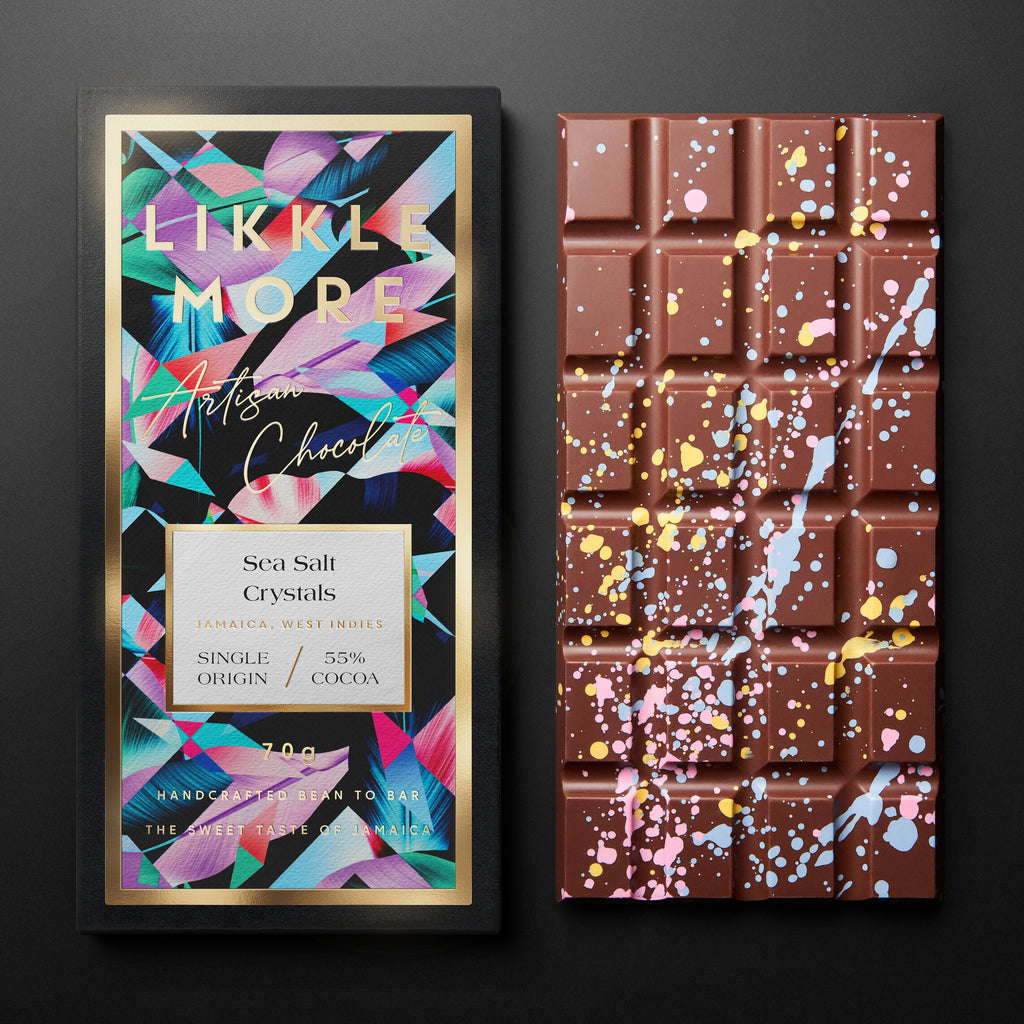 A wrapped Sea Salt Crystals bar next to an unwrapped Sea Salt Crystals br against a grey background