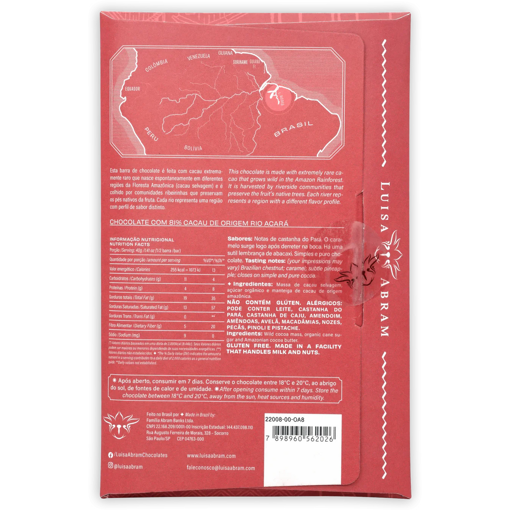 The back of a wrapped Rio Acará Wild Cacao 81% bar