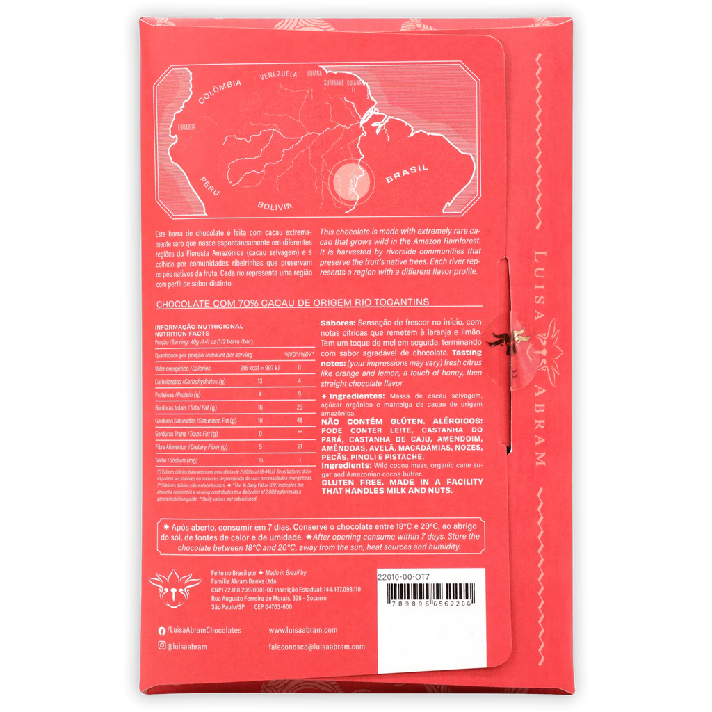 The back of a wrapped Rio Tocantins Wild Cacao 70% bar