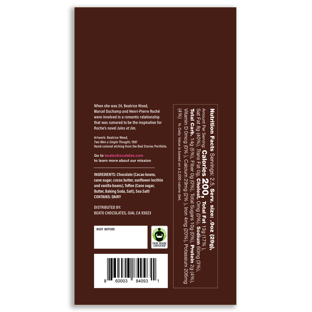 "Ménage à Trois" 72% Dark Chocolate with Toffee and Sea Salt Back nutritional information