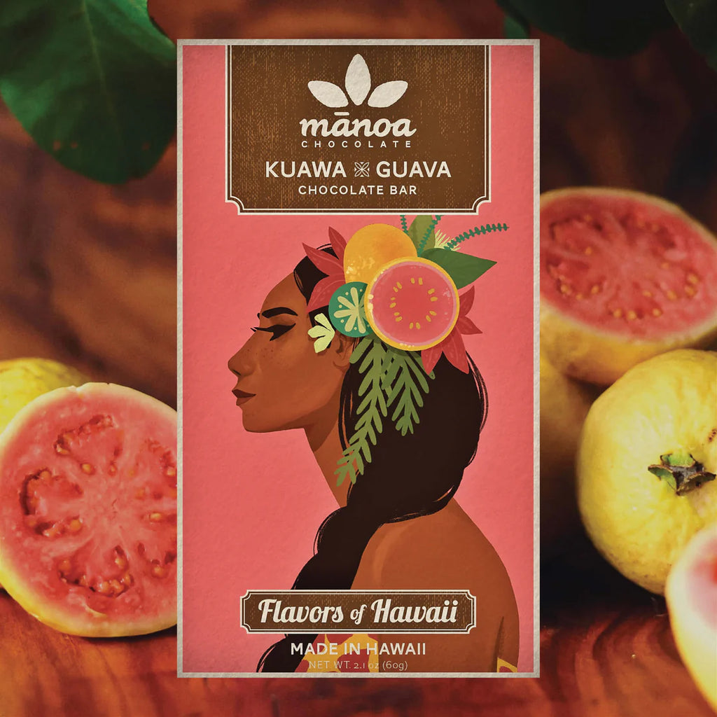 Kuawa x Guava 50% Vegan milk chocolate - Hawai'i bar on a table with guava