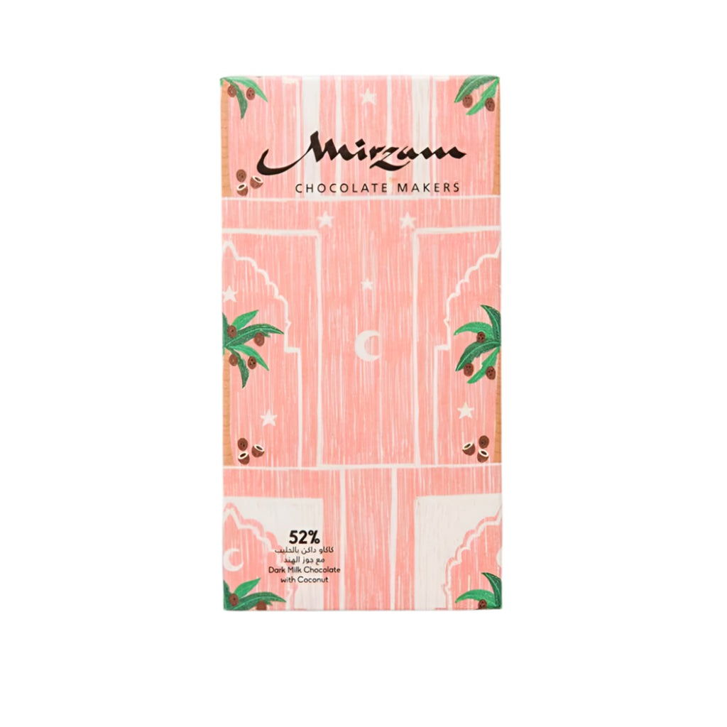 Mirzam Coconut 52%, Chocolate bar pink packaging against a white background