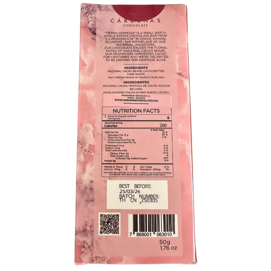 The back of a wrapped "Tierra Hermosa with Cacao Nibs 72%" chocolate bar, with a white background.