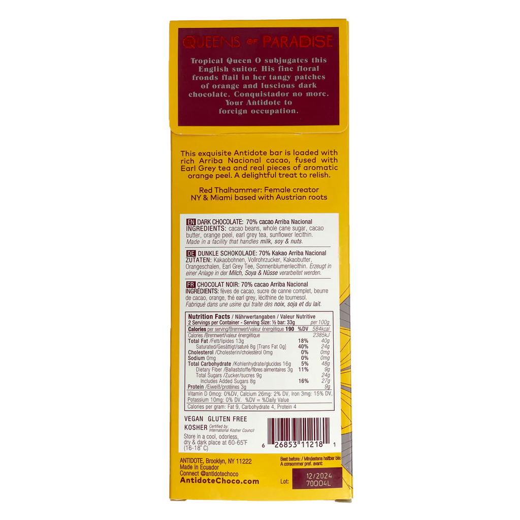 Nutrition facts and ingredients for Queen O: Orange & Earl Grey 70% bar from Antidote Chocolate