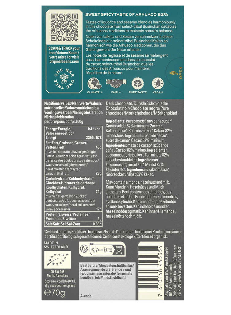 Nutrition facts and ingredients for Arhuaco 82% from Original Beans
