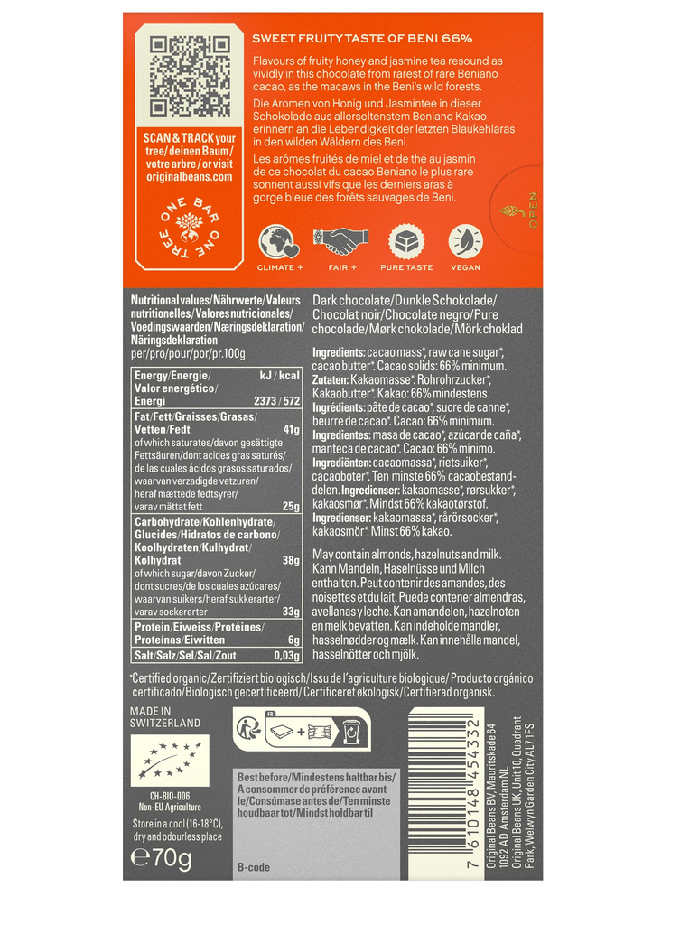 Nutrition facts and ingredients for Beni Wild Harvest 66% from Original Beans