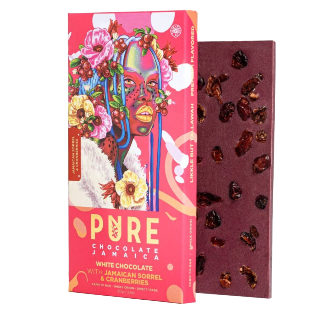 Pure Chocolate Jamaica White Chocolate with Jamaican Sorrel and Cranberries packaging with a colorful design and chocolate bar with dried fruits on a white background