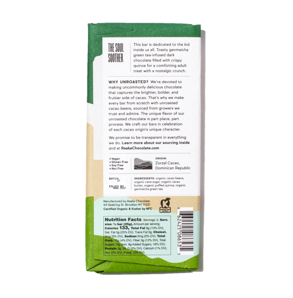 Raaka Green Tea Crunch Unroasted Dark Chocolate 66% Back Wrapper Label