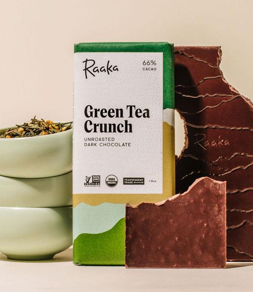 Raaka Green Tea Crunch Unroasted Dark Chocolate 66% with broken chocolate bar