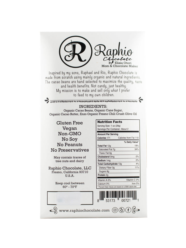 Nutrition facts and ingredients for Raphio 72% Fresno Chili Olive Oil at The Chocolate Dispensary