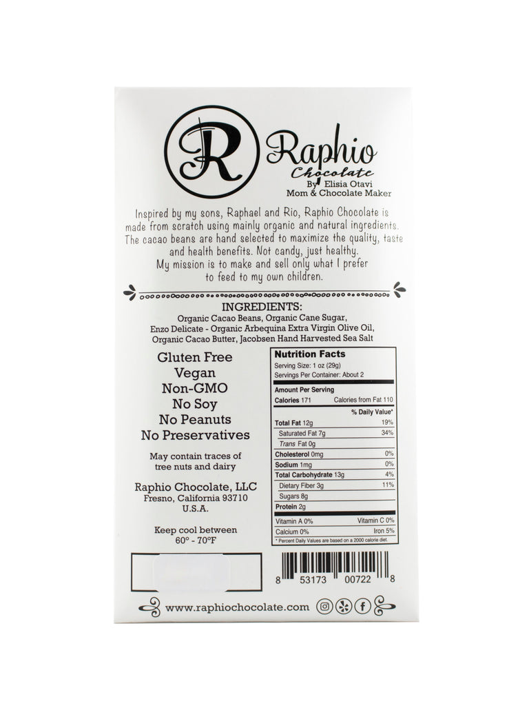 Nutrition facts and ingredients for Raphio 72% Olive Oil and Sea Salt at The Chocolate Dispensary