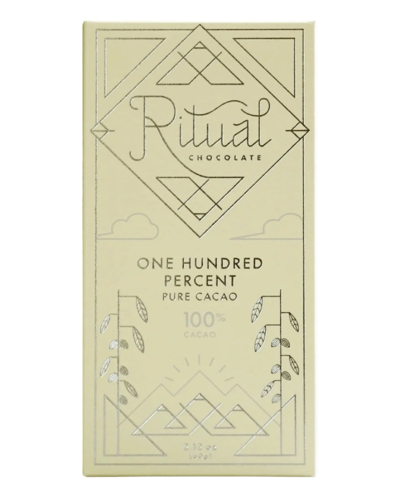 Ritual 100% pure cacao bar packaging with geometric design on a white background