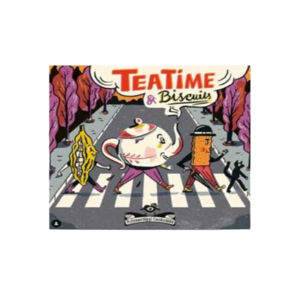 Rozsavolgyi Teatime & Biscuits White Chocolate packaging with cartoon characters crossing a street crossing against a white background