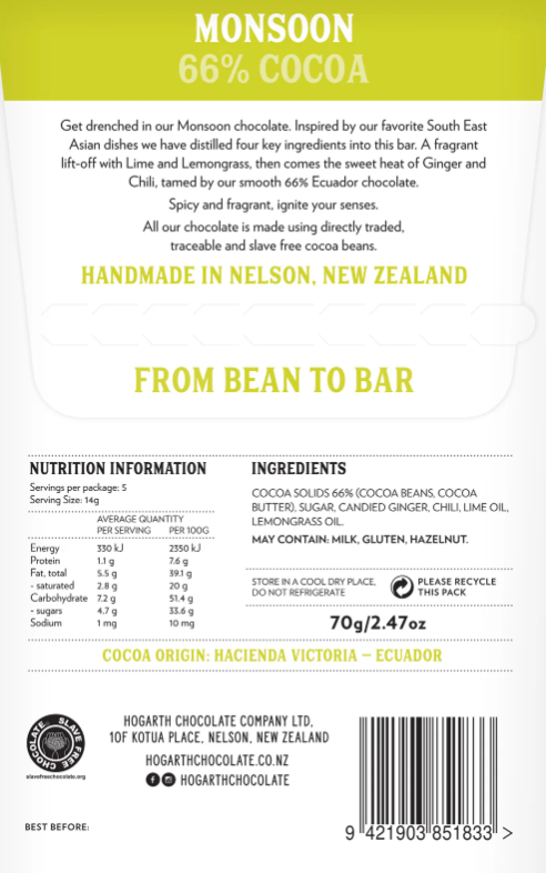 Nutrition facts and ingredients for Monsoon bar from Hogarth Chocolate Makers