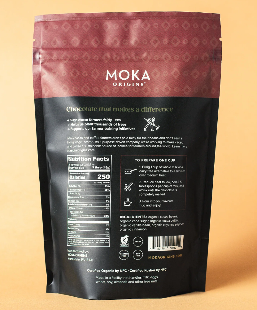 Nutrition facts and ingredients for Mexican Hot Chocolate from Moka Origins against a yellow background