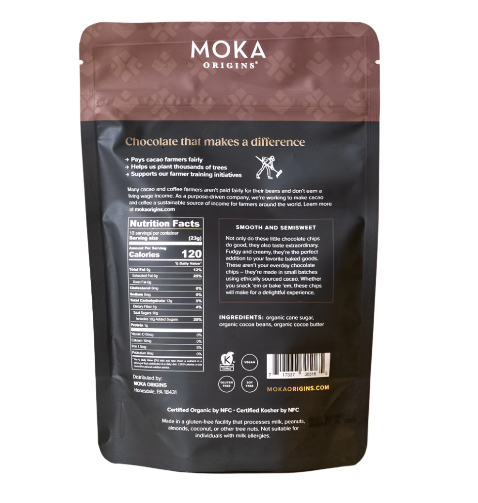 Nutrition facts and ingredients for Chocolate Chips 8oz against a white background