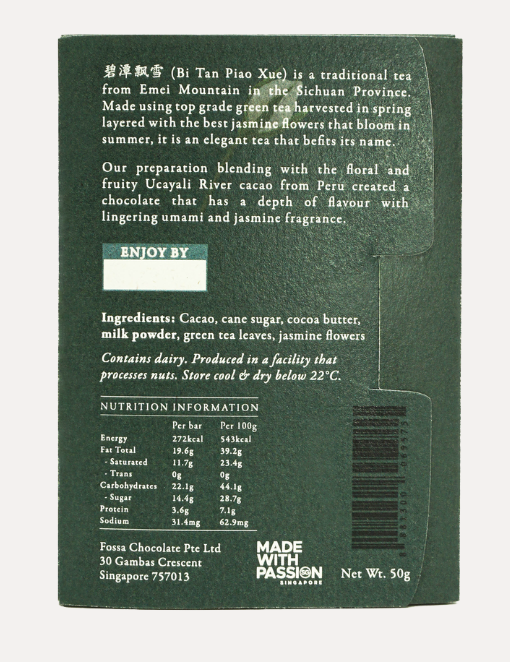 Nutrition facts and ingredients for Drifting Snowflake Jasmine Green Tea Chocolate against a white background