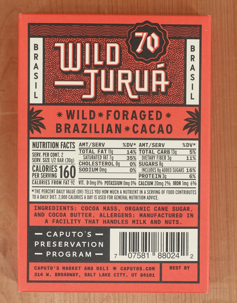 Nutrition facts and ingredients for Caputo's Wild Jurua 70% on a wooden table