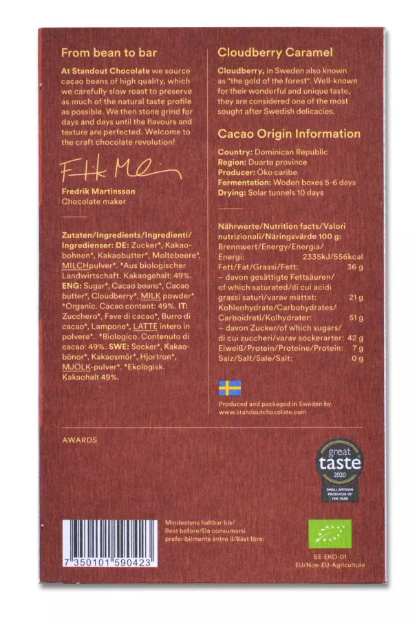 Nutrition facts and ingredients for Cloudberry Caramel 49%, Nordic Nature against a white background