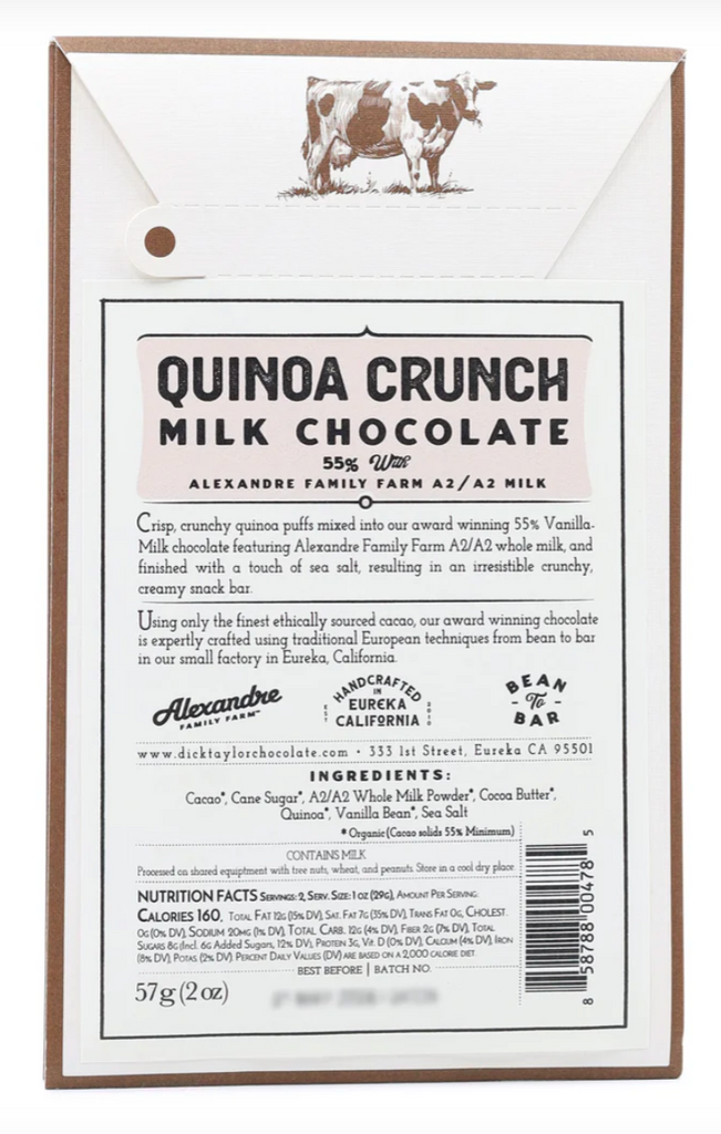 Nutrition facts and ingredients for the Quinoa Crunch 55% Milk bar against a white background