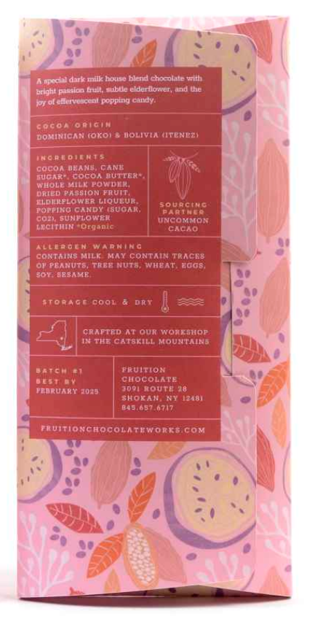 Nutrition facts and ingredients for Passion Fruit w/ Elderflower & Popping Candy from Fruition against a white background