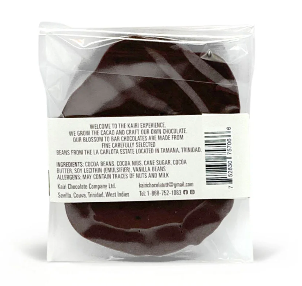Nutrition facts and ingredients for Dark Chocolate w/ Cocoa Nibs from Kairi against a white background
