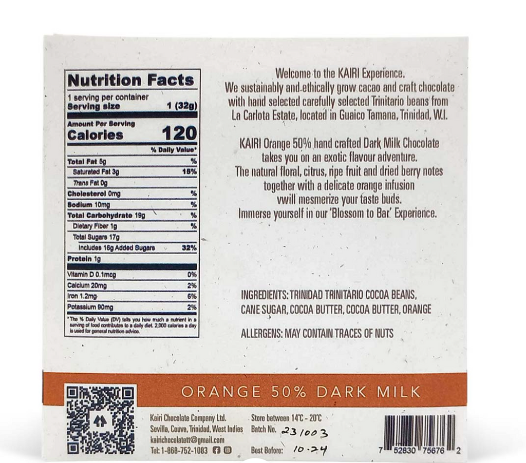 Nutrition facts and ingredients for Orange 50% Dark Milk from Kairi against a white background