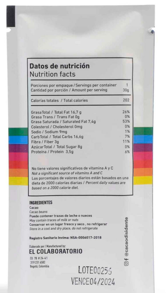 Nutrition facts and ingredients for Colombia 100% bar from Cacao Disidente against a white background