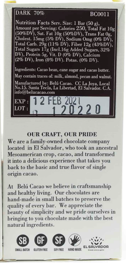 Nutrition facts and ingredients for Dark Chocolate 70% bar against a white background